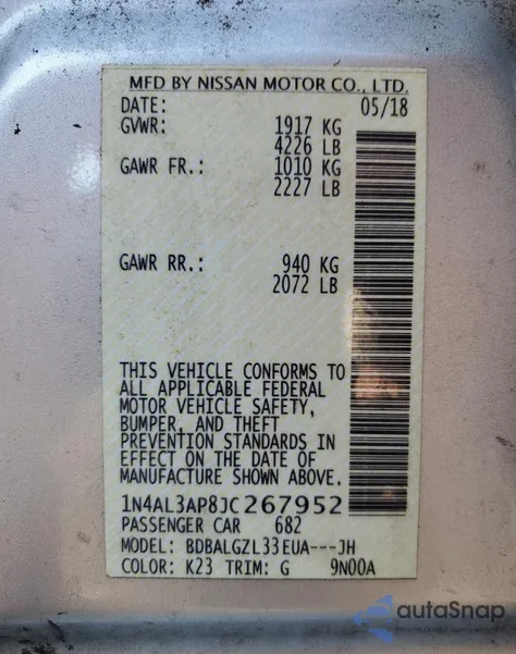 2018 Nissan Altima 2.5 z USA, uszkodzony, nr VIN 1N4AL3AP8JC267952